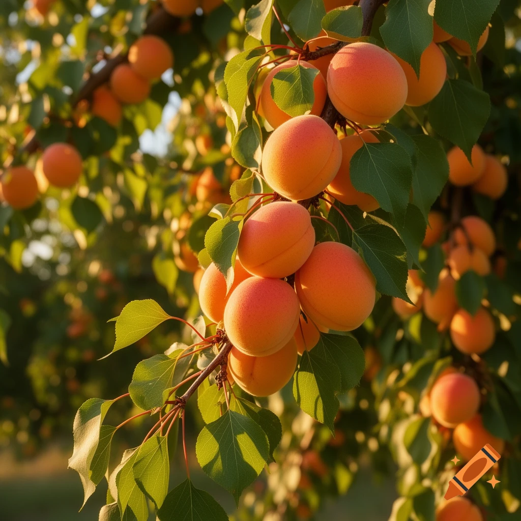 Close-up of ripe orange apricots on a tree branch with green leaves, illuminated by sunlight.