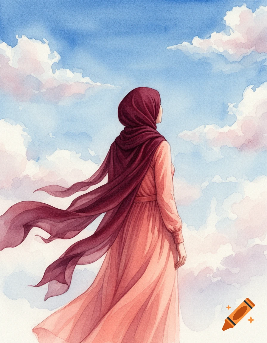 Watercolor painting of a veiled Muslim woman in a flowing salmon-pink dress and burgundy-red hijab, looking up at a beautiful cloudy sky.