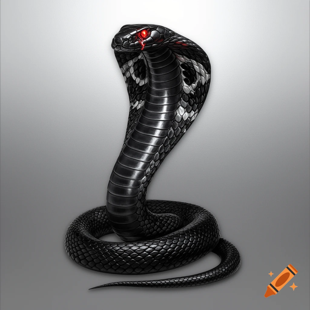 A metallic silver and black cobra with glowing red eyes rears on a plain grey background.