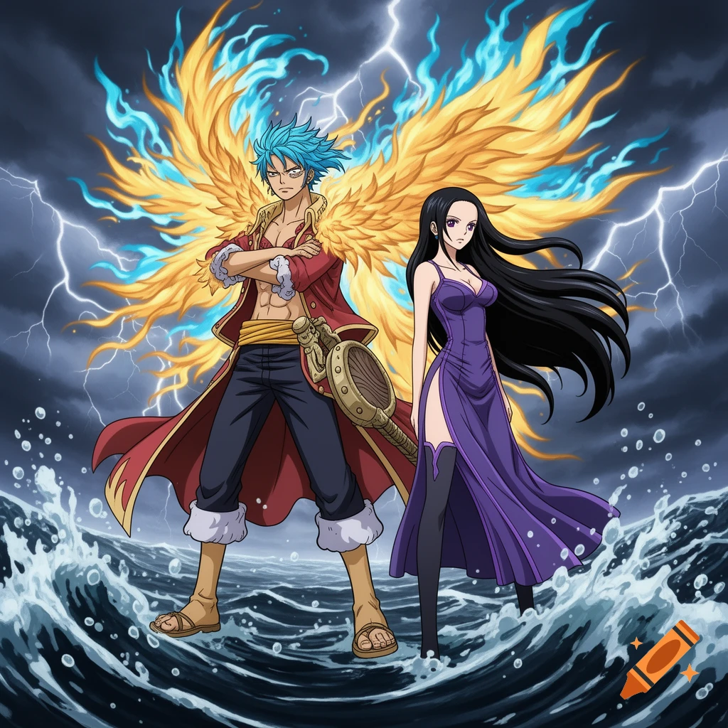 Anime characters Marco the Phoenix and a black-haired woman in a purple dress stand on stormy waves with lightning in the background.