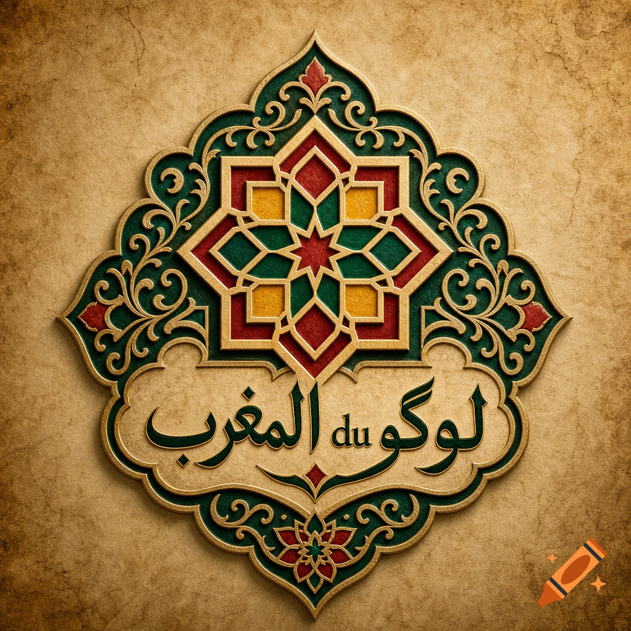Ornate gold-embossed Moroccan style emblem with geometric patterns in red, green, yellow, and Arabic calligraphy on a textured background.