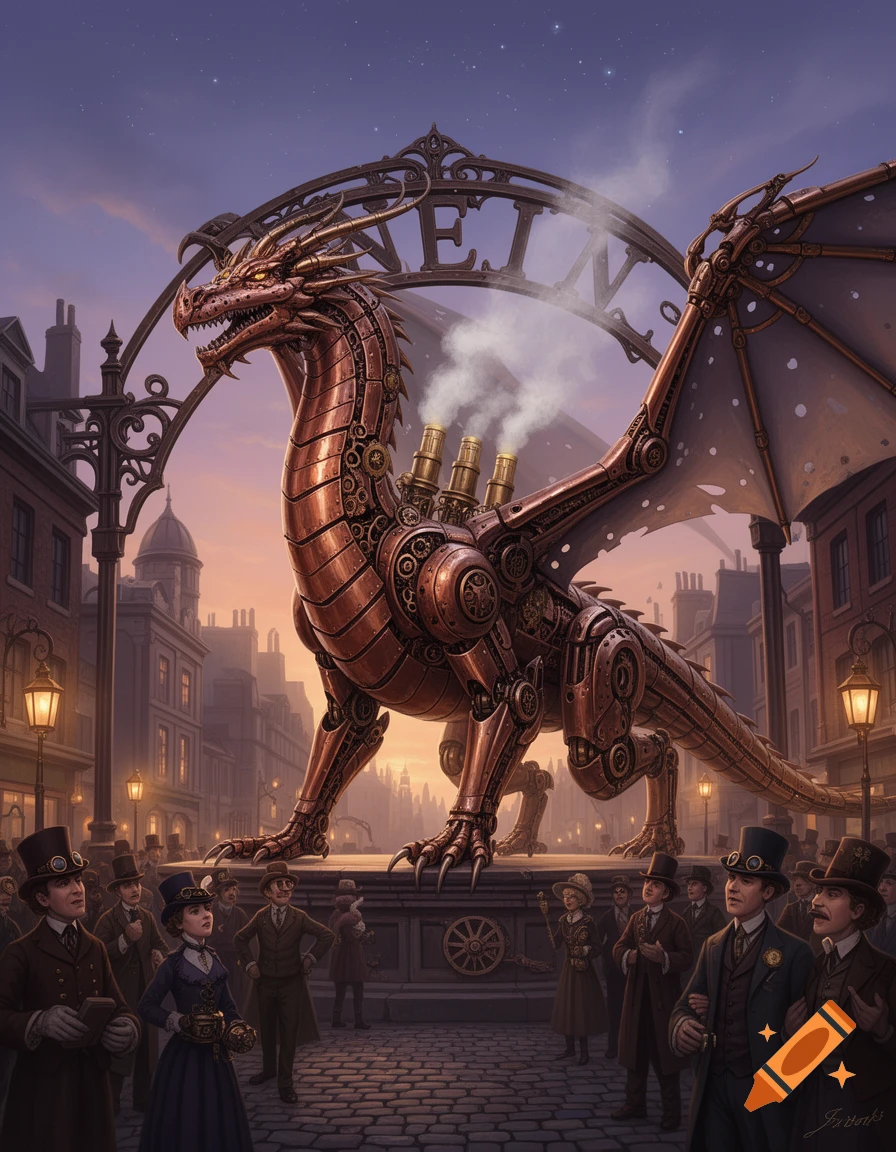 An elaborate copper steampunk dragon with smoking vents stands in a Victorian-era city street, observed by a crowd.