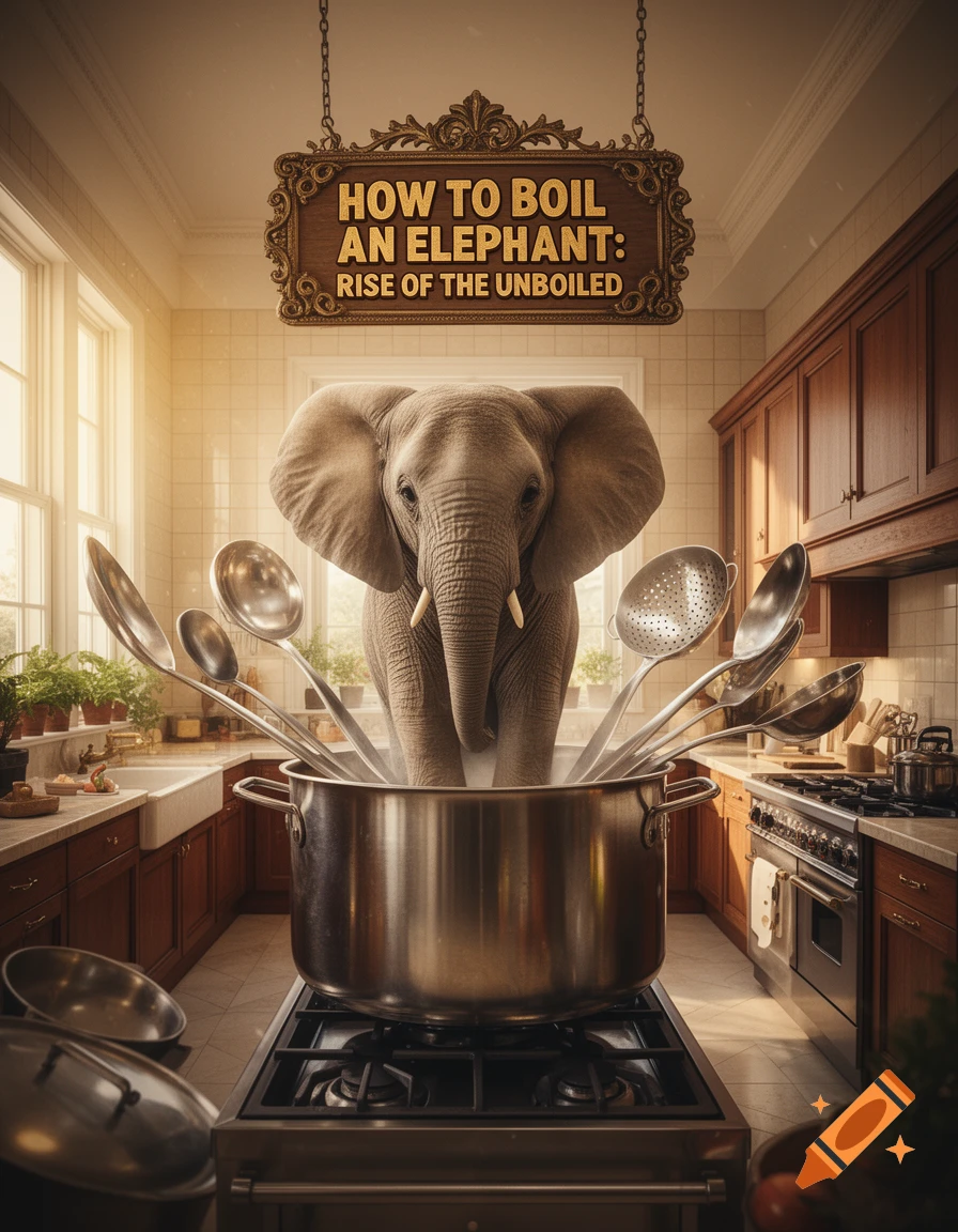 A large elephant stands in a cooking pot on a stove in a bright kitchen, with a sign above reading 'How to Boil an Elephant: Rise of the Unboiled'. The image is photorealistic.