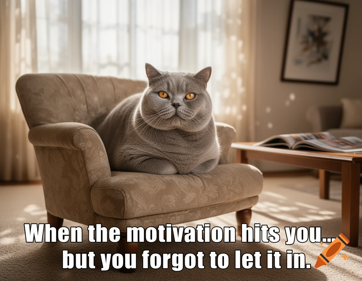 A fluffy grey cat with orange eyes sits on a beige armchair, captioned 'When the motivation hits you... but you forgot to let it in.'