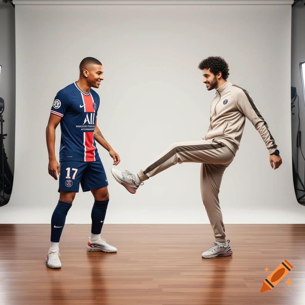 Two men, one in a dark blue soccer jersey with '17' and the other in a beige tracksuit, pose in a studio, one lifting his leg as if kicking.