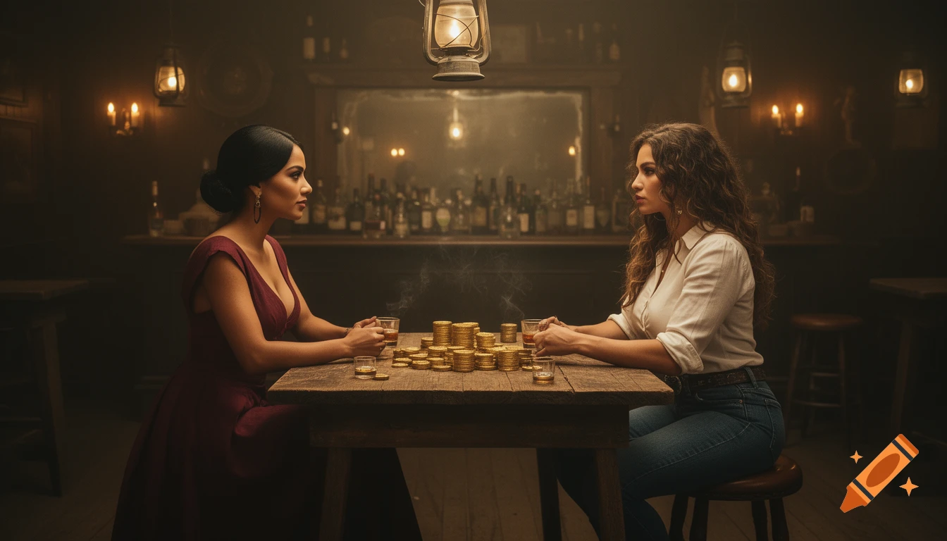 Two women face each other at a table with gold coins and whiskey in a gritty Wild West saloon.