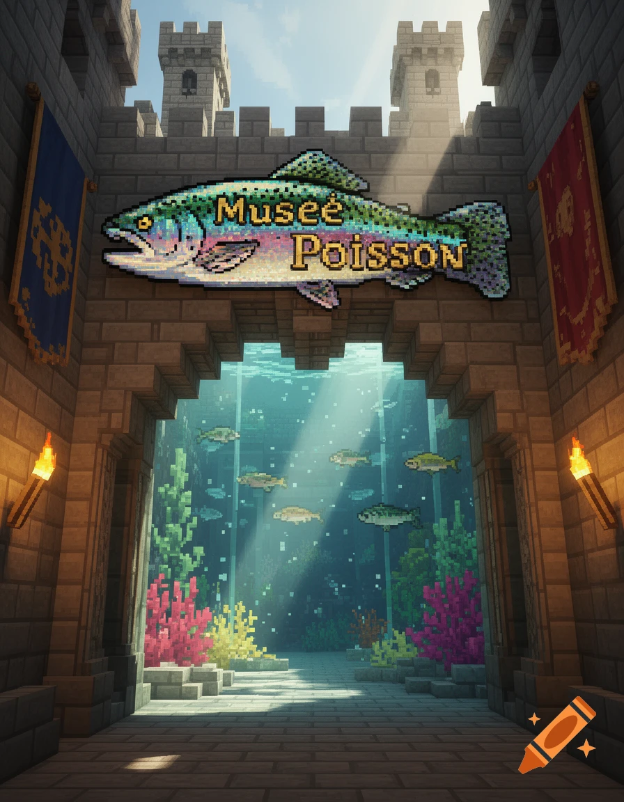 A pixelated castle entrance in Minecraft style, with a 'Musée Poisson' fish sign over an archway leading to an underwater scene.
