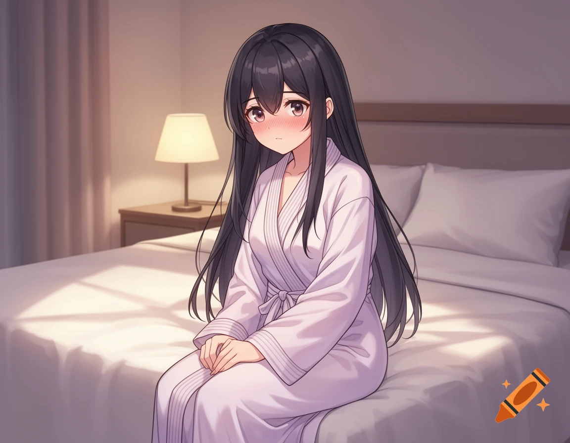 An anime girl with long black hair, wearing a white bathrobe, sits shyly on a bed in a softly lit room.