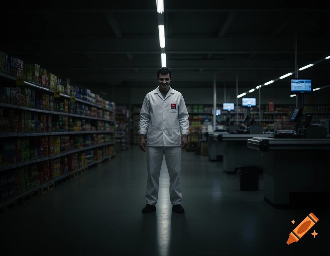 A man in a white uniform with an unsettling smile stands in a dimly lit supermarket aisle, looking directly at the viewer. Checkouts are visible in the background.