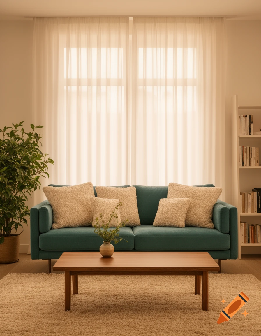 A cozy living room featuring a teal sofa with fluffy beige pillows, a wooden coffee table, potted plant, and white sheer curtains.