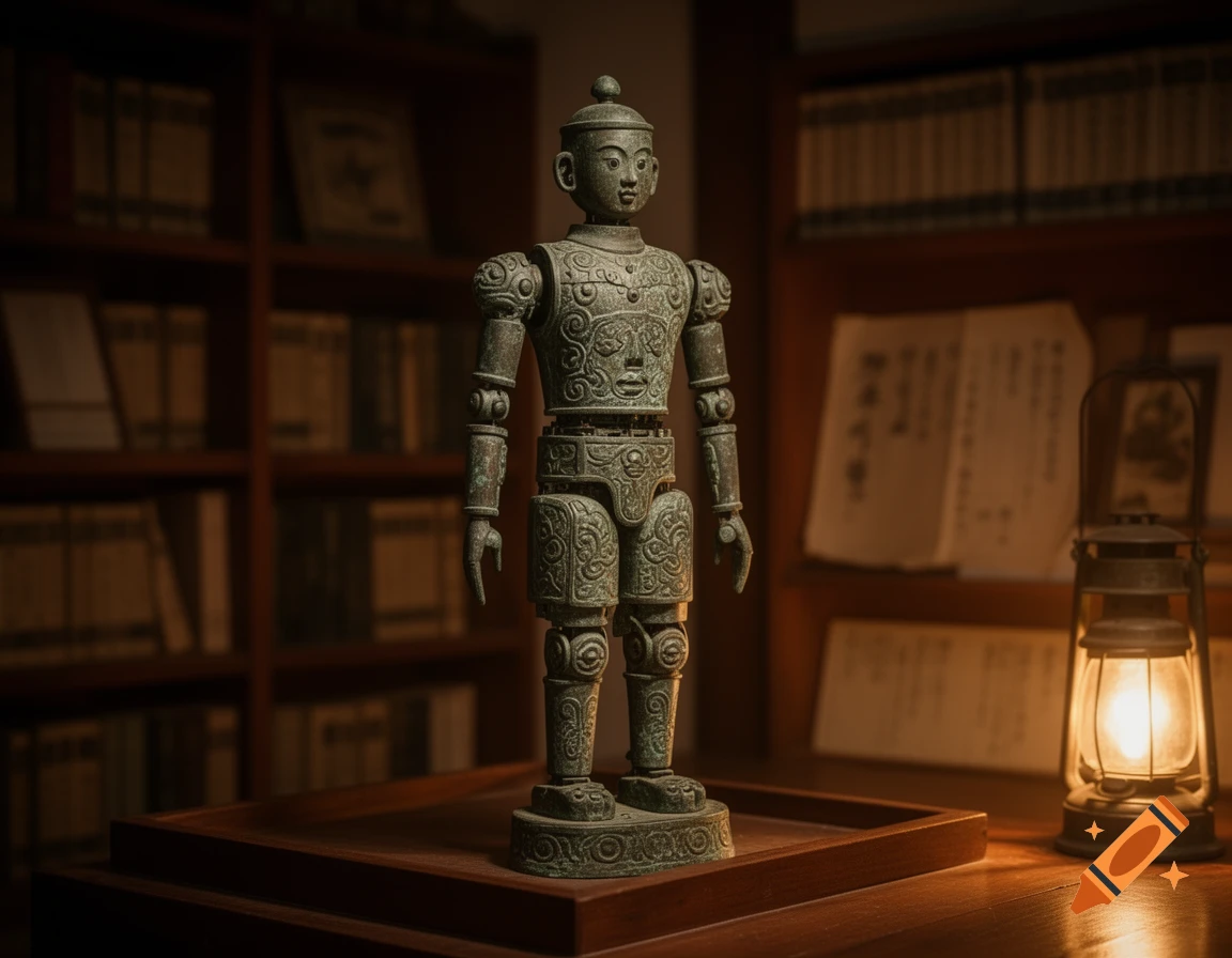 An ancient bronze humanoid automaton statue with intricate patterns stands on a wooden pedestal in a dimly lit library.