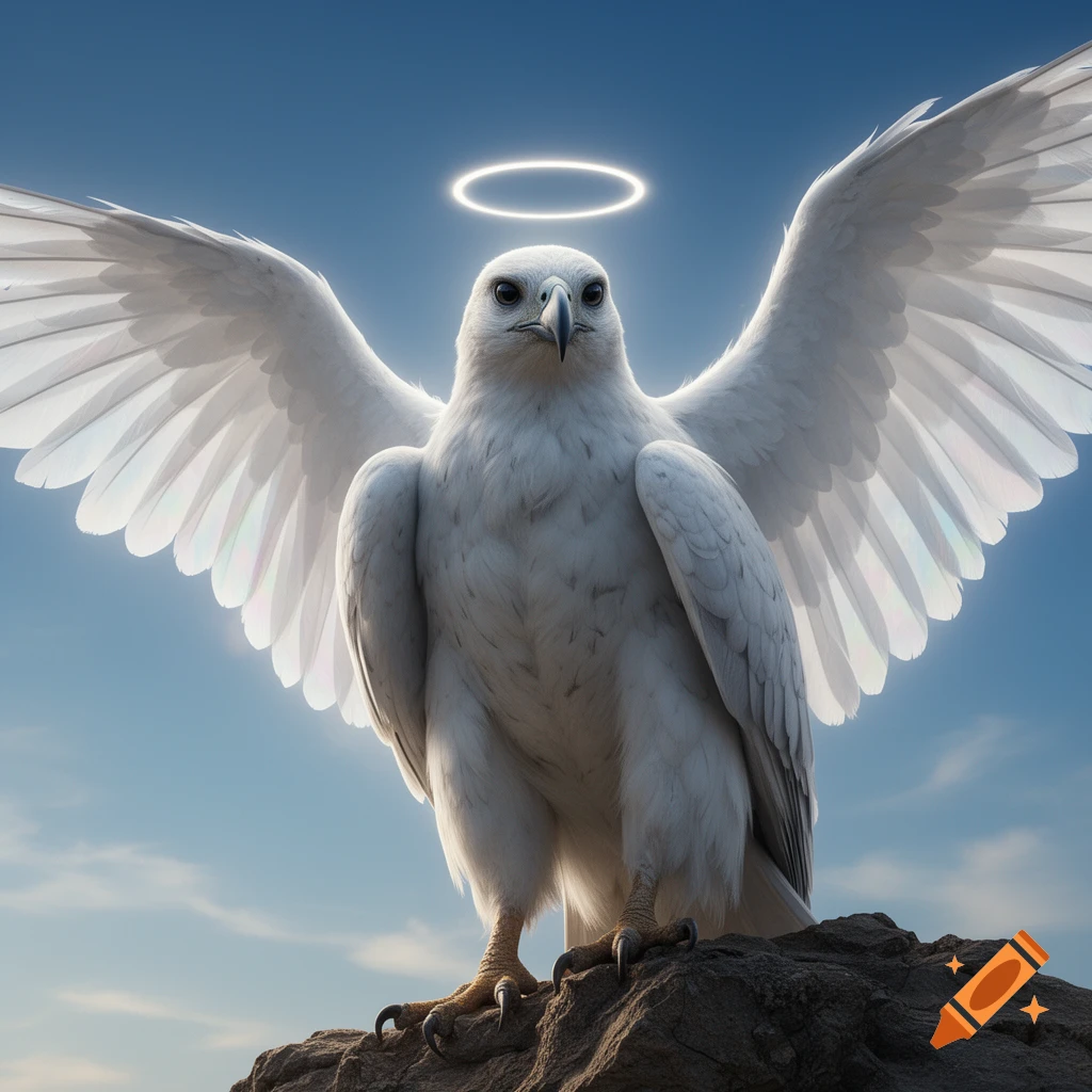 A majestic white raptor with large, spread white wings and a glowing halo perched on a rock, against a bright blue sky.