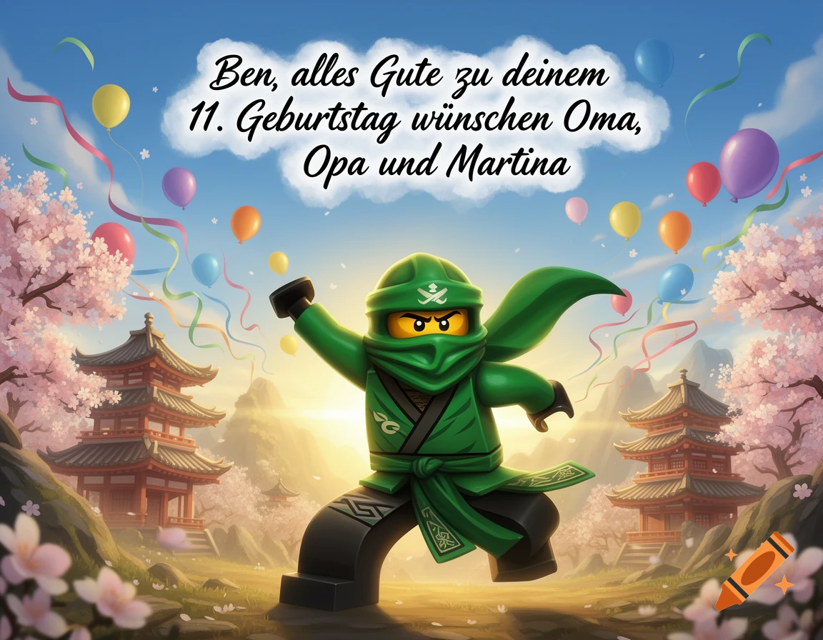 A green Lego Ninjago ninja in a dynamic pose in a cherry blossom landscape with pagodas, balloons, and a birthday message.