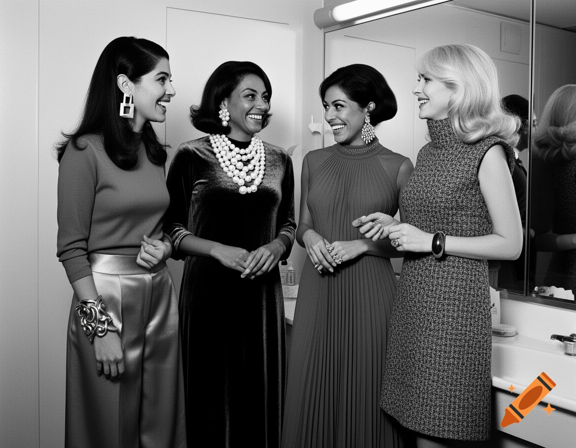 Four elegantly dressed women with 1960s hairstyles smile and interact in a black and white photograph.