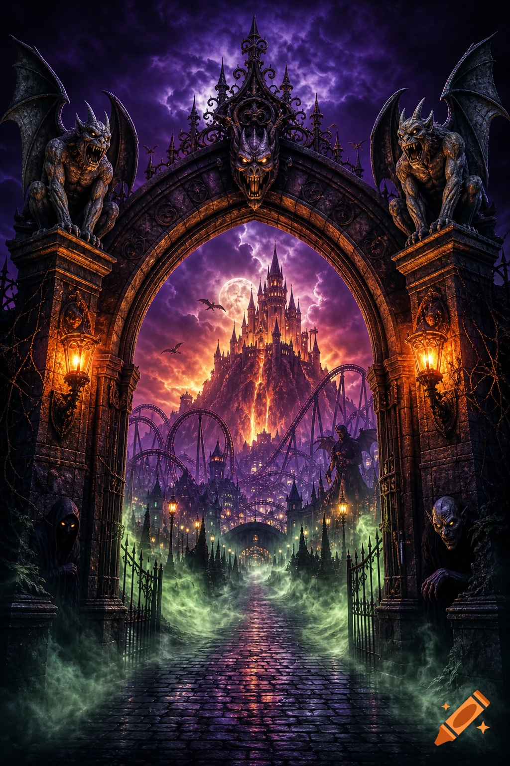 A dark gothic archway guarded by gargoyles leads to a monster-themed amusement park with a fiery castle, roller coasters, and green mist.