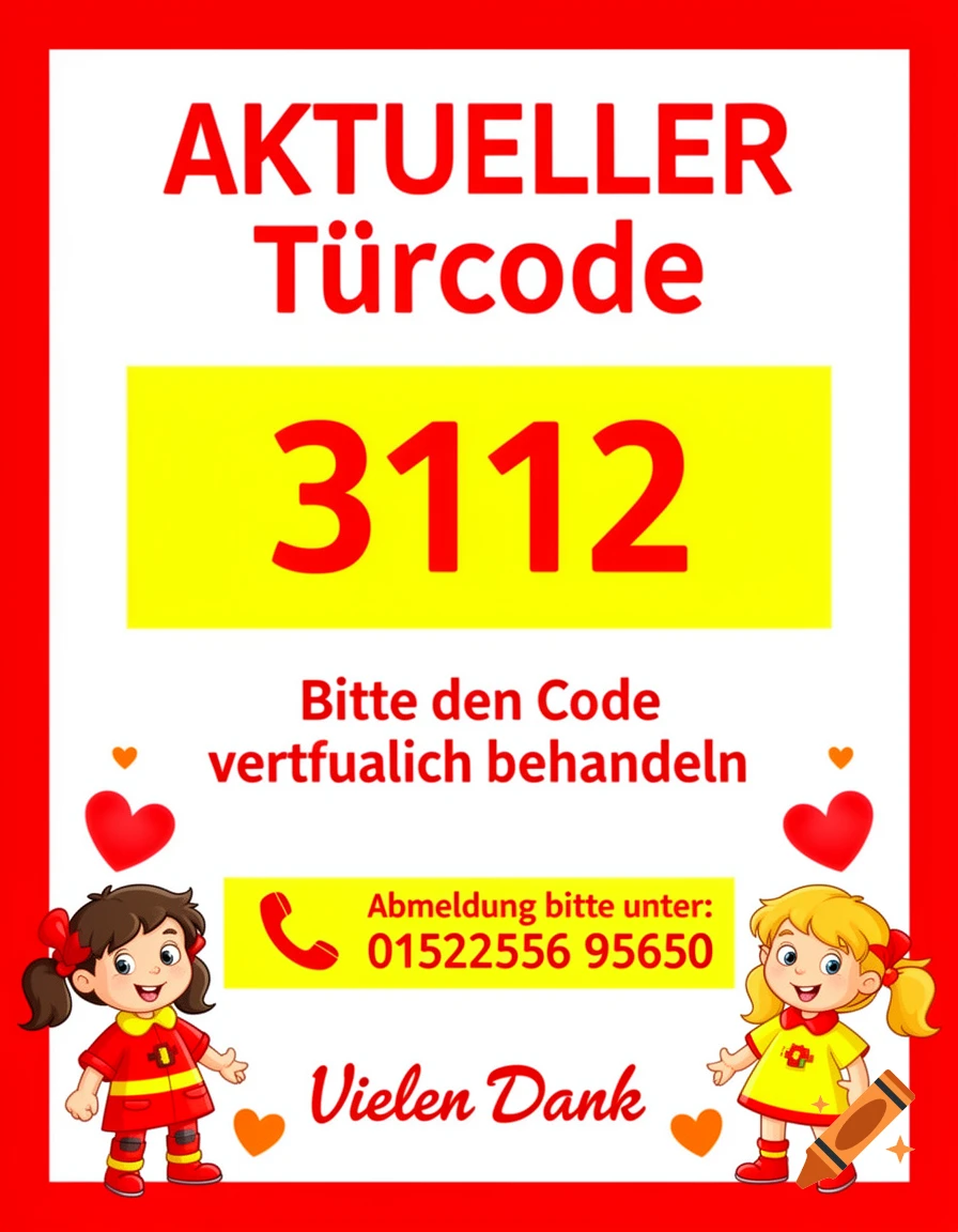 A red, white, and yellow information poster with cartoon children, displaying "AKTUELLER Türcode" and the number 3112, along with other German text and a phone number.