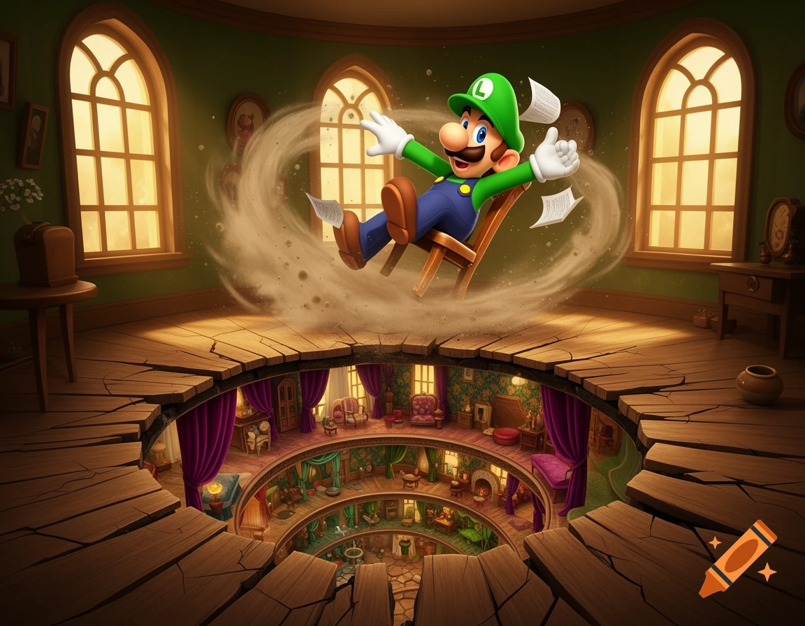 Cartoon Luigi falls on a chair through a wooden floor into a multi-story house interior with ornate rooms.