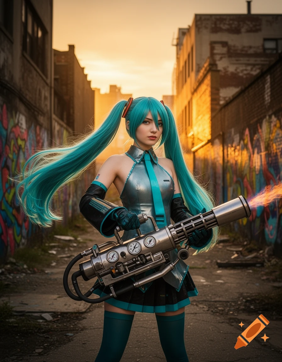 A photorealistic image of a teal-haired woman, resembling Miku, in a metallic outfit holding a flamethrower in a gritty alley at sunset.