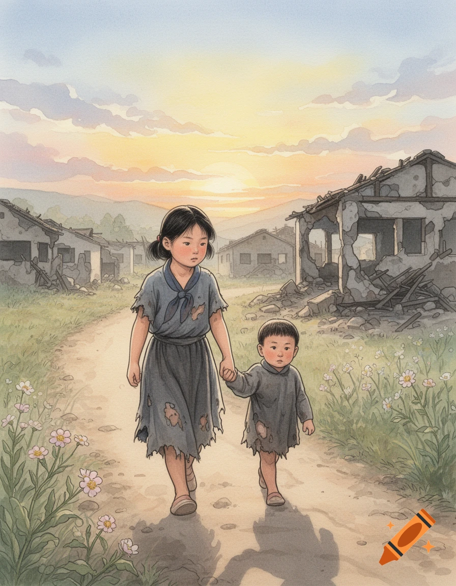 A watercolor illustration of a young girl holding a child's hand, walking on a dirt path through a war-torn village at sunset.