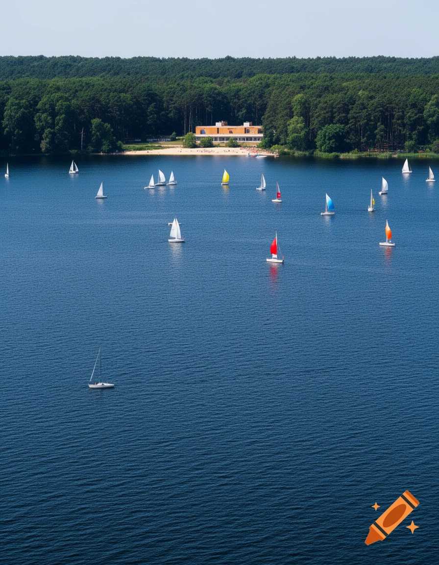 An aerial view of a blue lake dotted with numerous white and colorful sailboats, a distant green forest, and a sandy beach with buildings.