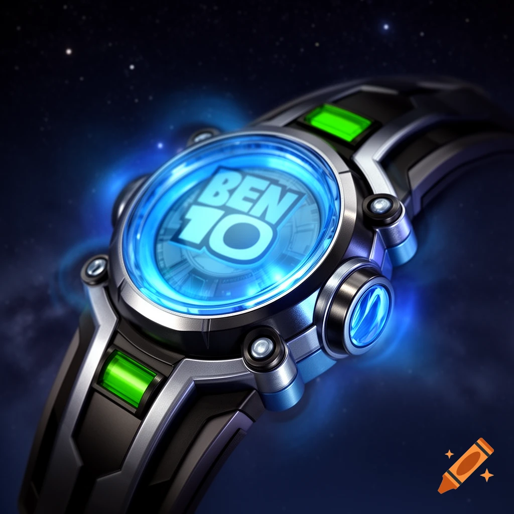 A futuristic blue and black Ben 10 Omnitrix gauntlet with glowing blue elements, set against a dark, starry background.