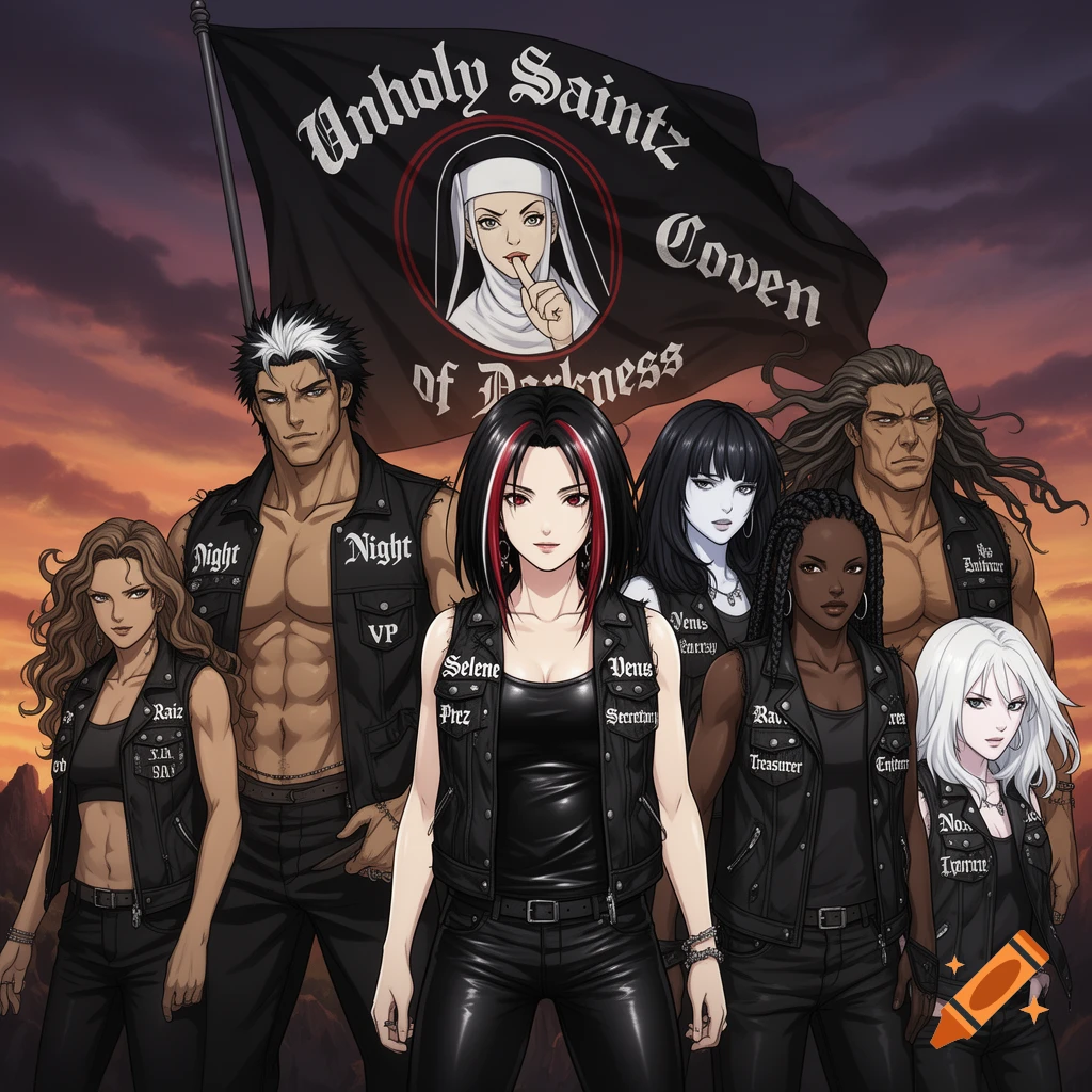 An anime-style group portrait of seven diverse characters in black leather vests, standing under a flag with a nun icon, against a sunset sky.