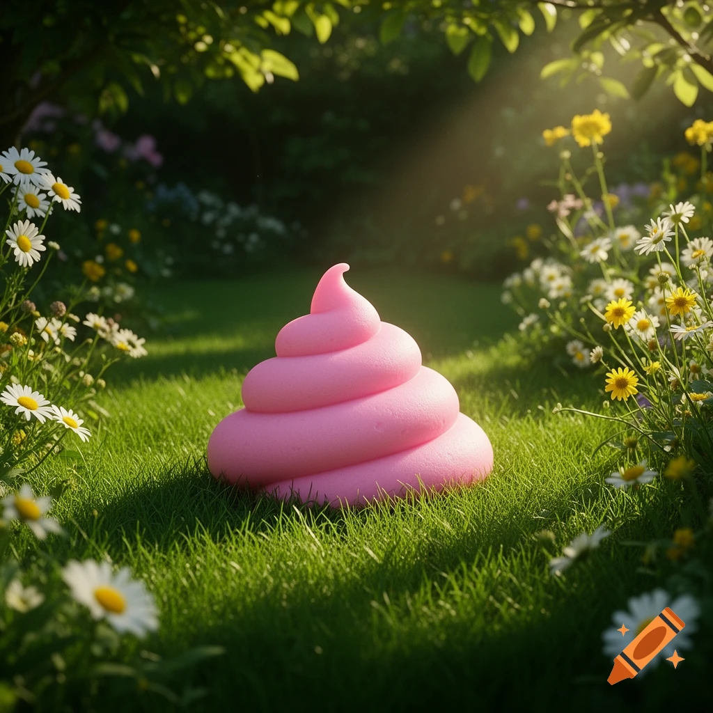 A bright pink, swirled, poop-like shape sits on vibrant green grass amidst white and yellow daisies and lush foliage, bathed in sunlight.