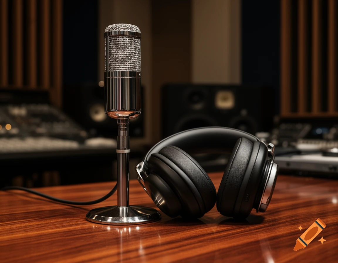 A chrome microphone and black headphones rest on a polished wooden table in a blurred music studio.