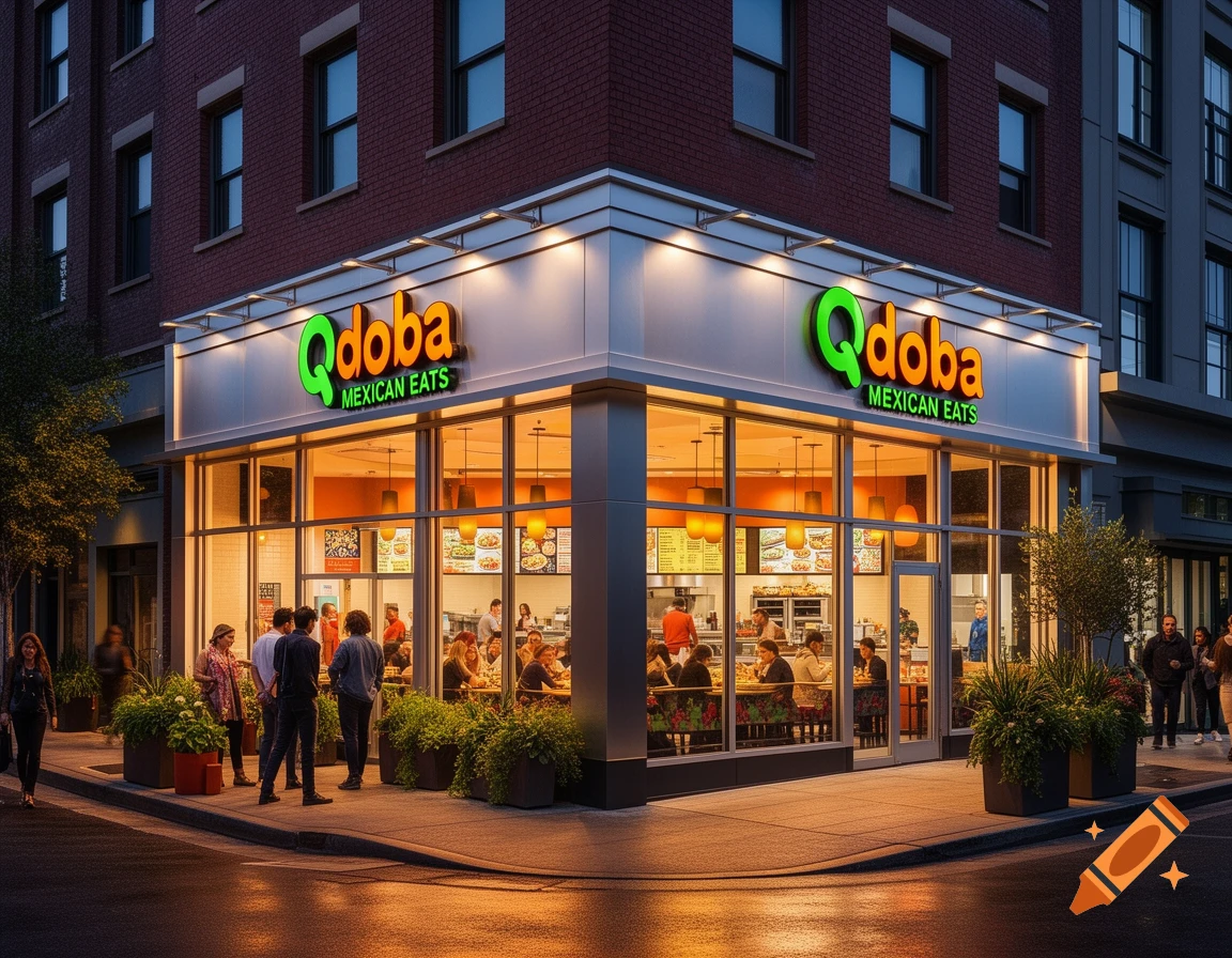 Photorealistic image of a Qdoba Mexican Eats restaurant on a city street corner at dusk, with people outside and inside.