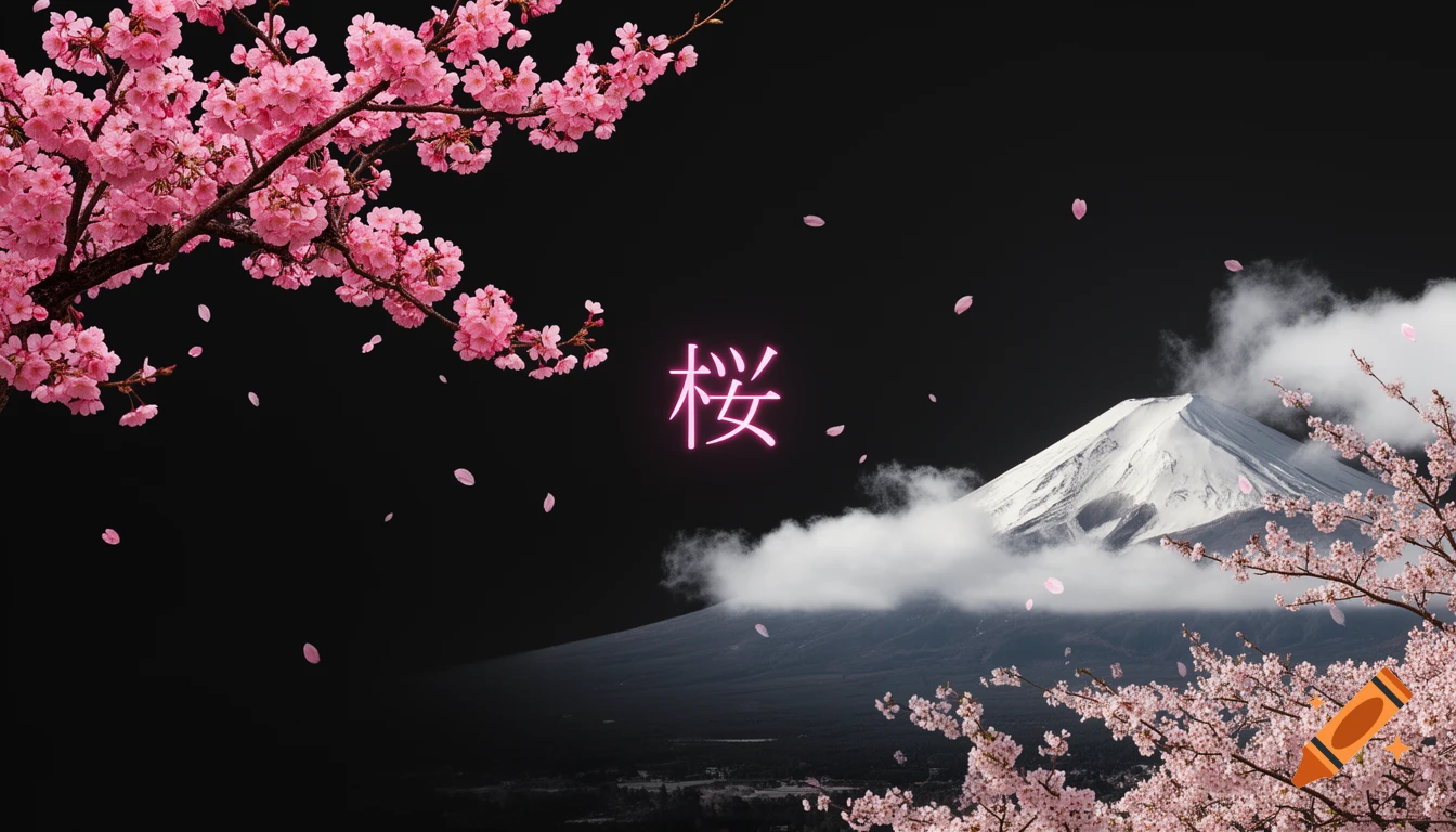 A Japanese landscape with Mount Fuji and pink cherry blossoms on a dark background, featuring the glowing Kanji character "桜".
