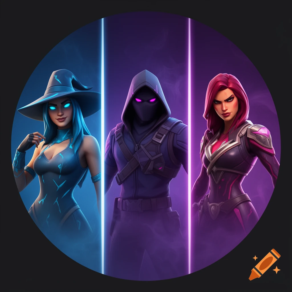 Three Fortnite-inspired characters: a blue witch, a masked figure, and a red-haired woman, divided by neon lines in a circular profile pic.