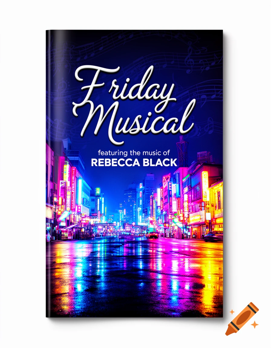 Playbill for 'Friday Musical' by Rebecca Black, featuring a vibrant neon cityscape with wet street reflections.