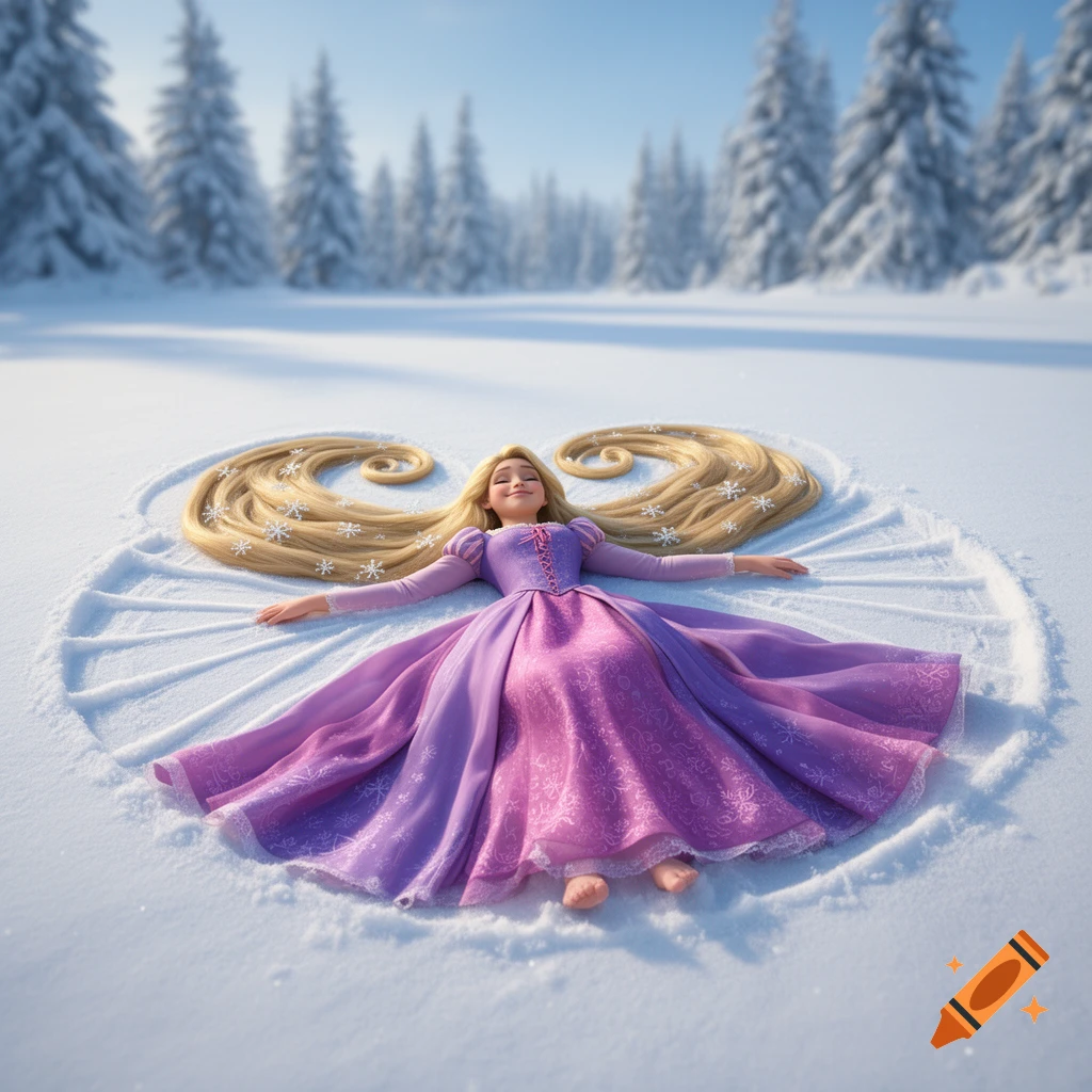 Rapunzel lies in a snowy field, making a snow angel, with her long golden hair spread out around her.