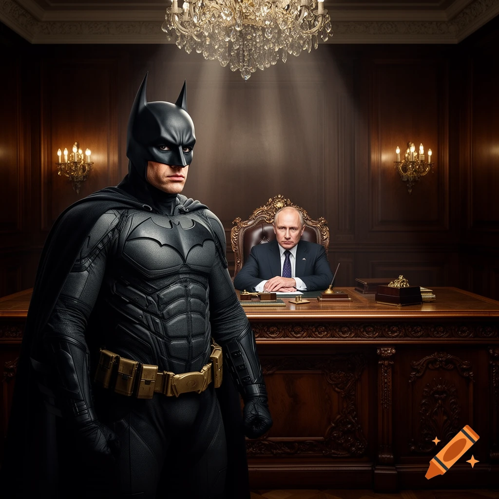 Photorealistic image of Batman standing in a grand office with Vladimir Putin seated at a large wooden desk in the background.
