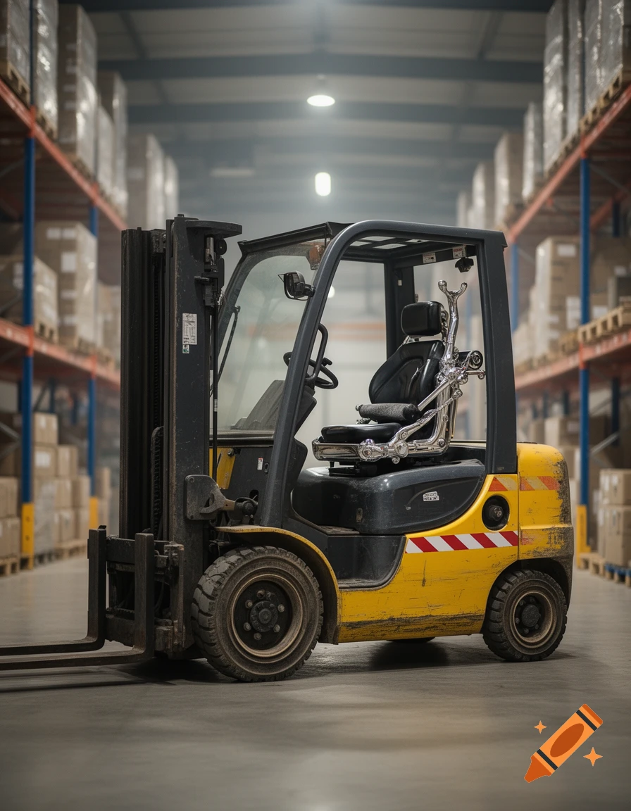 A yellow and black forklift with an ornate, chrome-plated ejector seat sits centered in a dimly lit warehouse aisle with shelves of boxes.