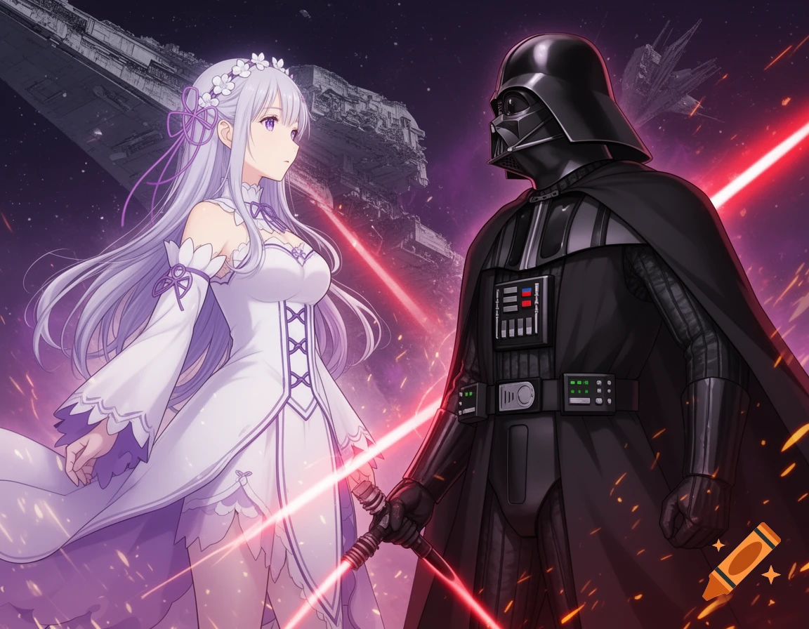 Anime-style illustration of Emilia from Re:Zero and Darth Vader facing each other with red lightsabers in space with starships.