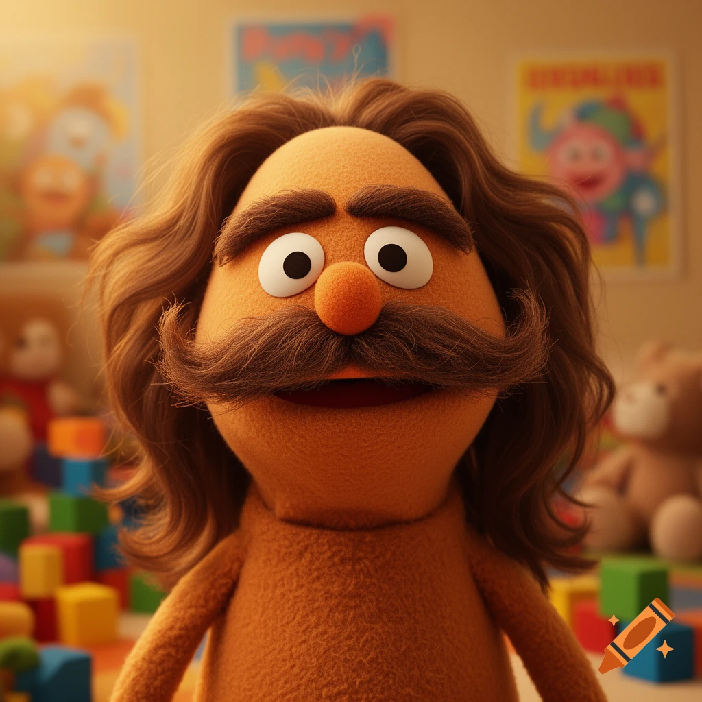 A friendly Muppet-like puppet with long brown hair, a bushy mustache, and eyebrows, stands in a brightly lit playroom.