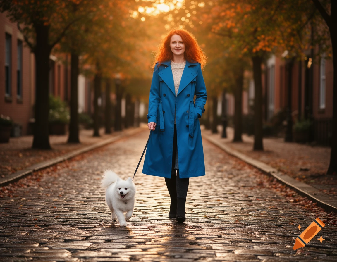 A red-headed woman in a blue trench coat walks a fluffy white dog on a cobblestone street lined with autumn trees at sunset.