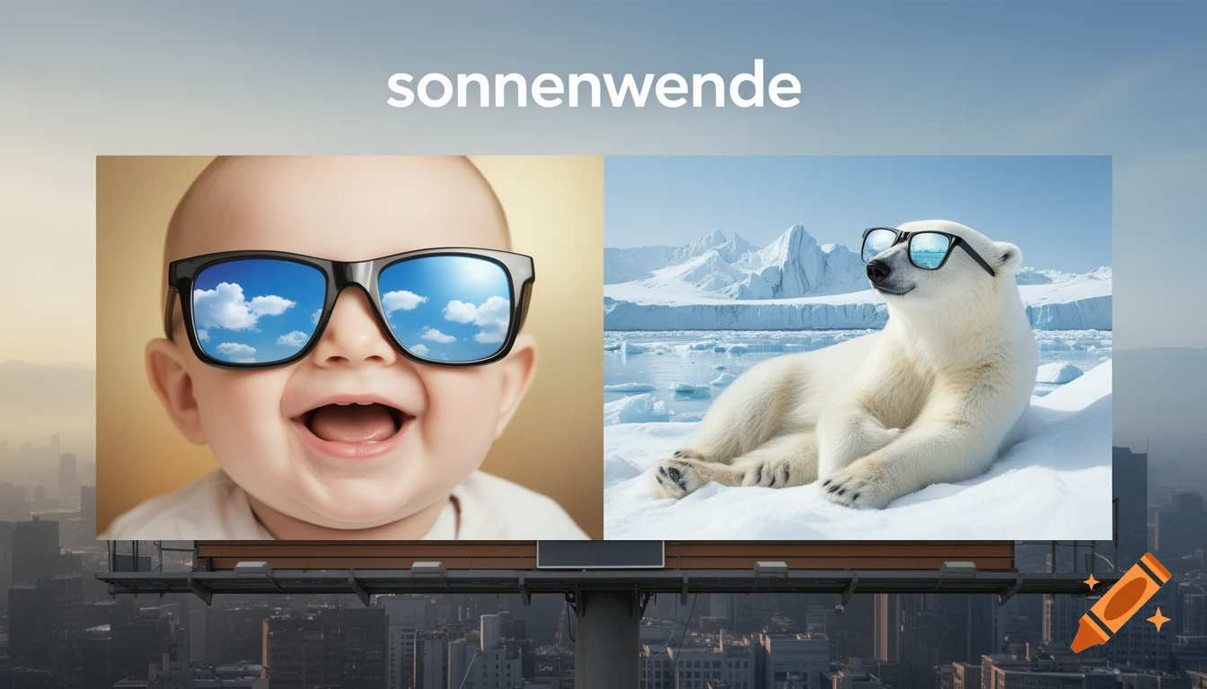 Photorealistic billboard featuring a smiling baby and a polar bear in sunglasses with 'sonnenwende' text, over a city.