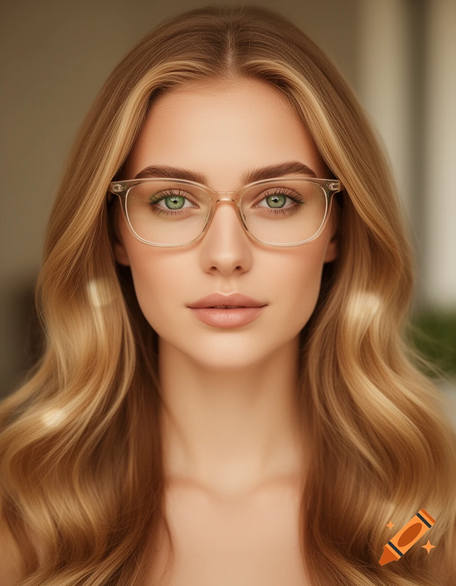 Close-up portrait of a young woman with long wavy caramel blonde hair, bright green eyes, and clear glasses.