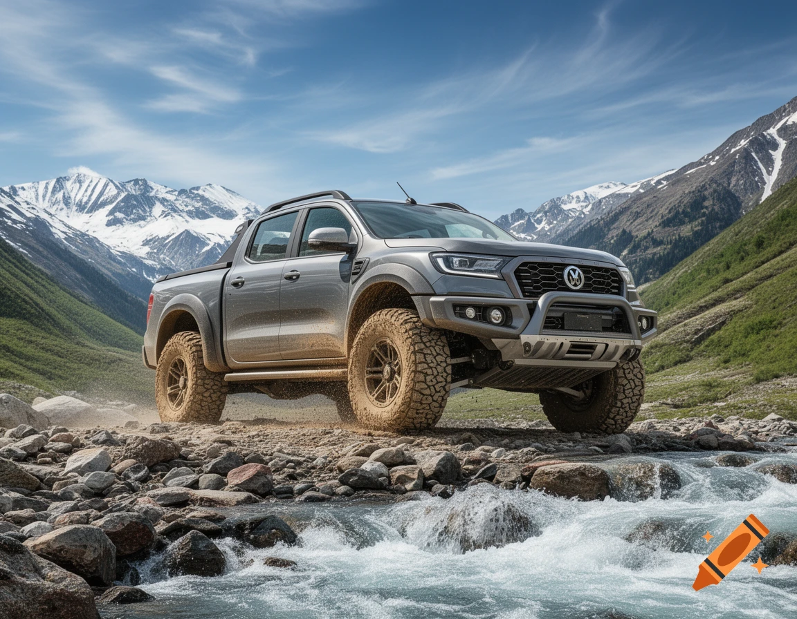 A silver 4x4 pickup truck with muddy tires drives through a rocky stream in a sunny mountain valley with snow-capped peaks.