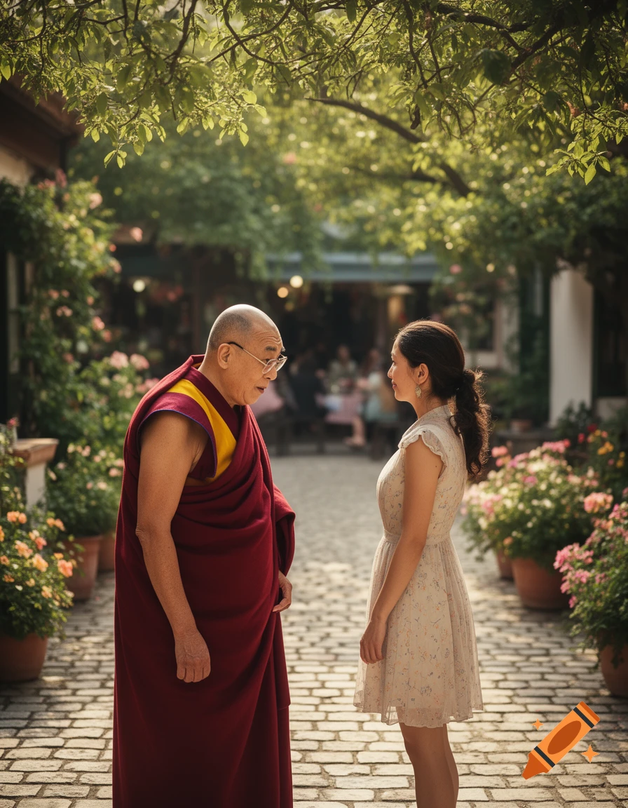 The Dalai Lama and a woman in a white dress stand facing each other in a sunlit garden courtyard.