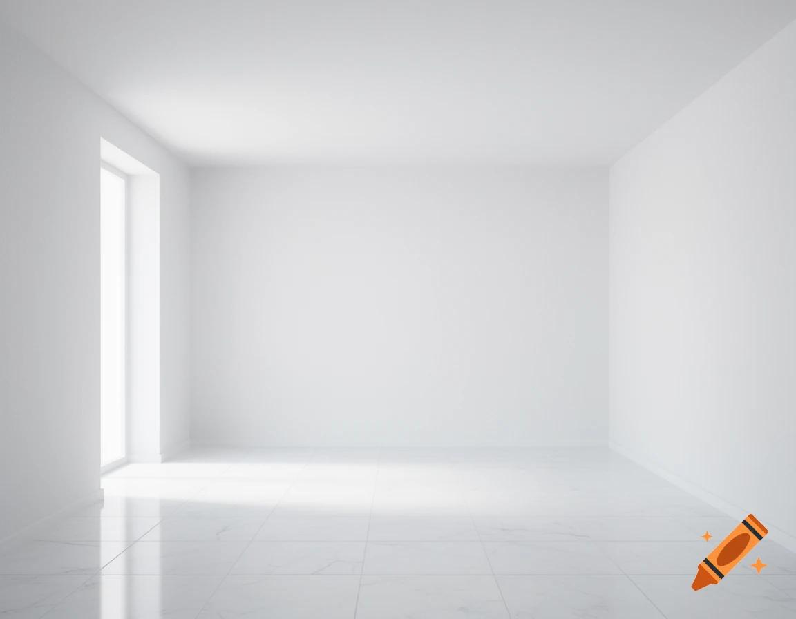 Bright white, empty room with a tall window on the left, casting sunlight onto the white tiled floor.