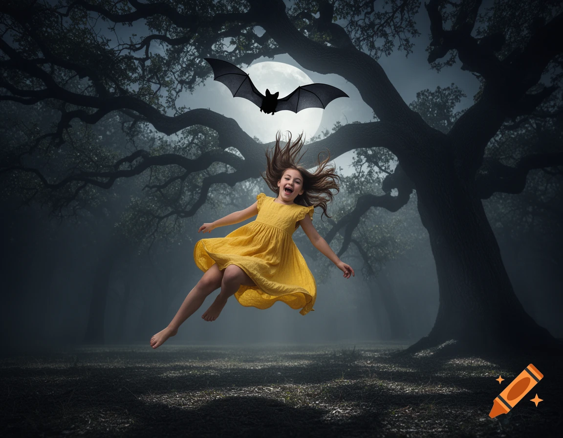 A girl in a yellow dress floats in a misty forest at night under a full moon with a bat flying overhead.