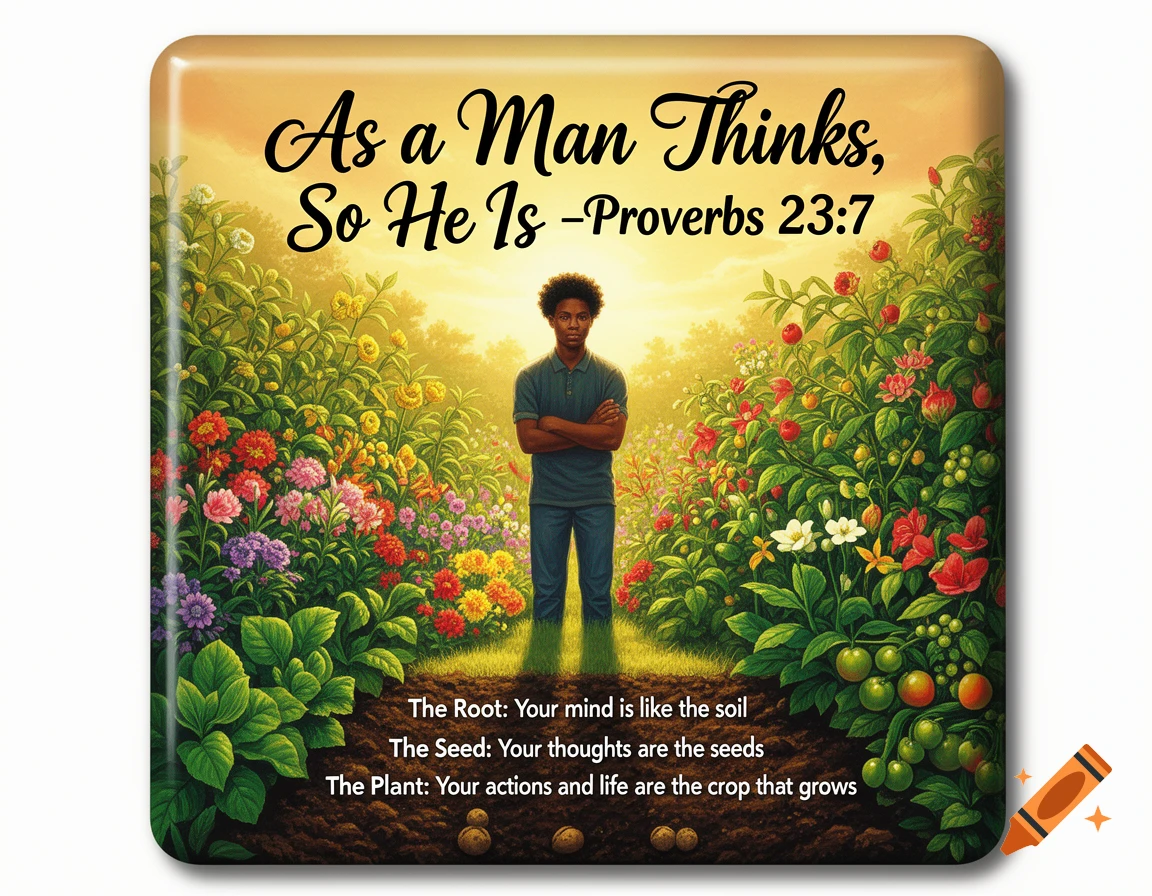 A young Black man stands centered in a vibrant, lush garden of colorful flowers, with an inspirational quote above and below him.