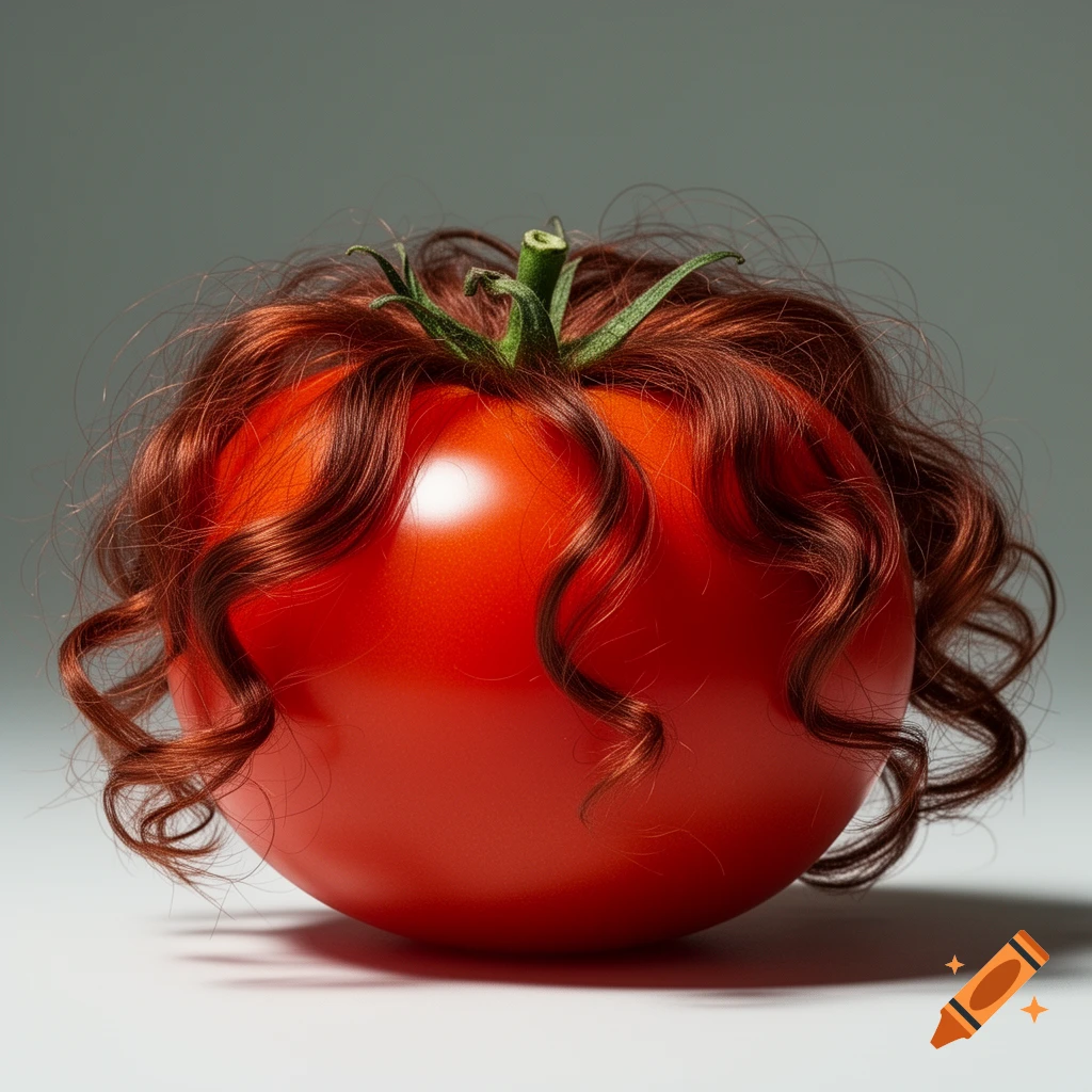 A close-up still life of a bright red tomato with curly reddish-brown hair on top, set against a grey background.