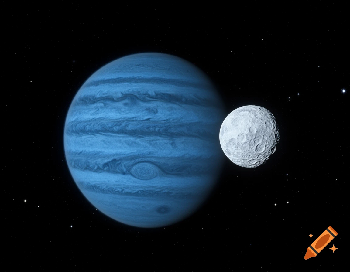 A large blue gaseous planet with an icy, cratered moon orbiting nearby in a dark, star-filled space.