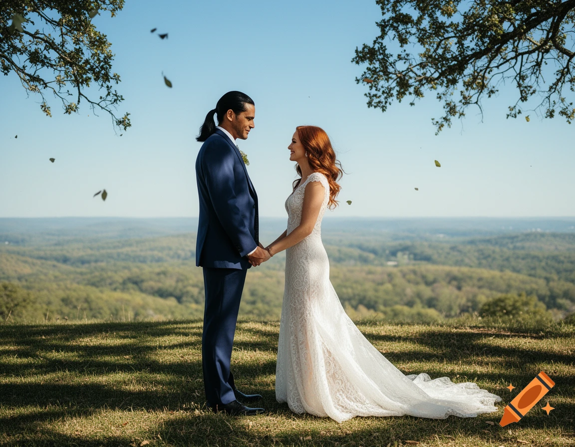 Photorealistic image of a bride and groom holding hands on a grassy hill overlooking a forested landscape.