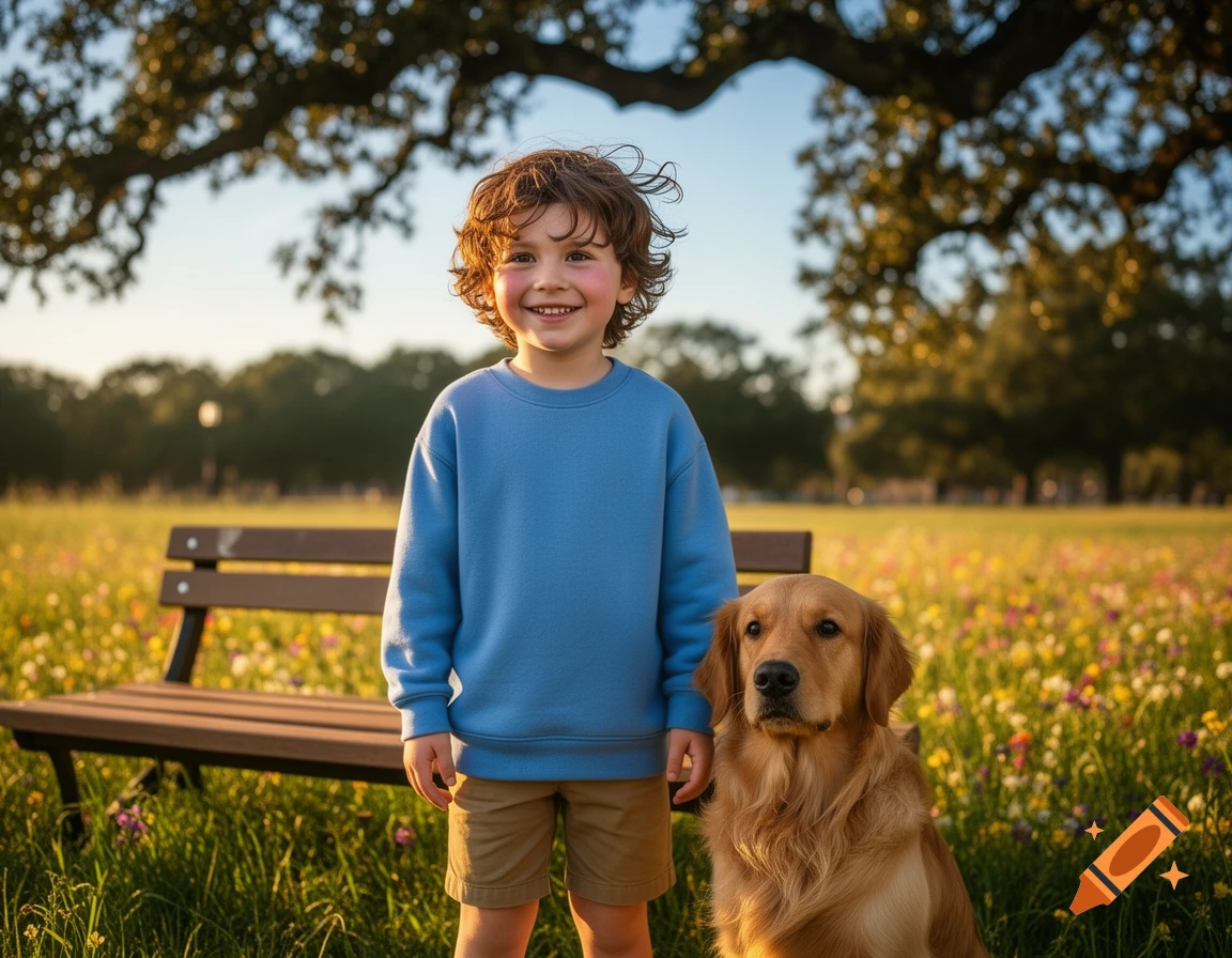 A smiling young boy in a blue sweatshirt stands with a golden retriever in a sunny park with wildflowers and a bench.