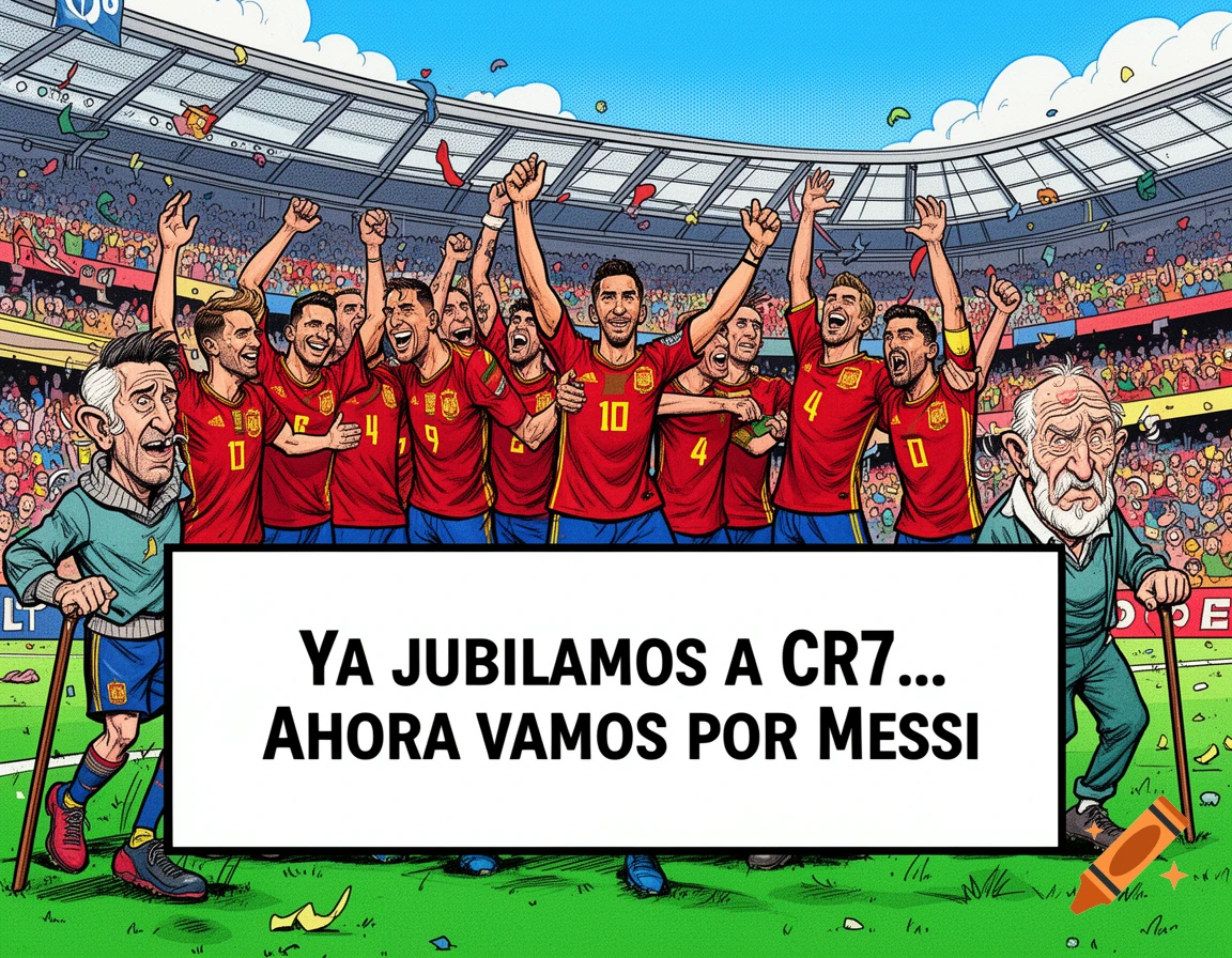 Pop-art illustration of the Spanish football team celebrating in a stadium, with a text box. Caricatures of old Cristiano Ronaldo and Lionel Messi walk away.